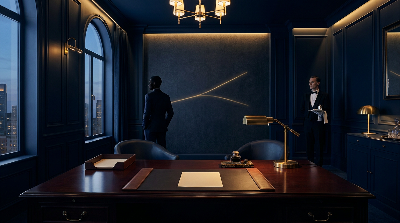 CEO neemt een beslissing aan een bureau terwijl een AI-butler de analyse en scenario's heeft voorbereid