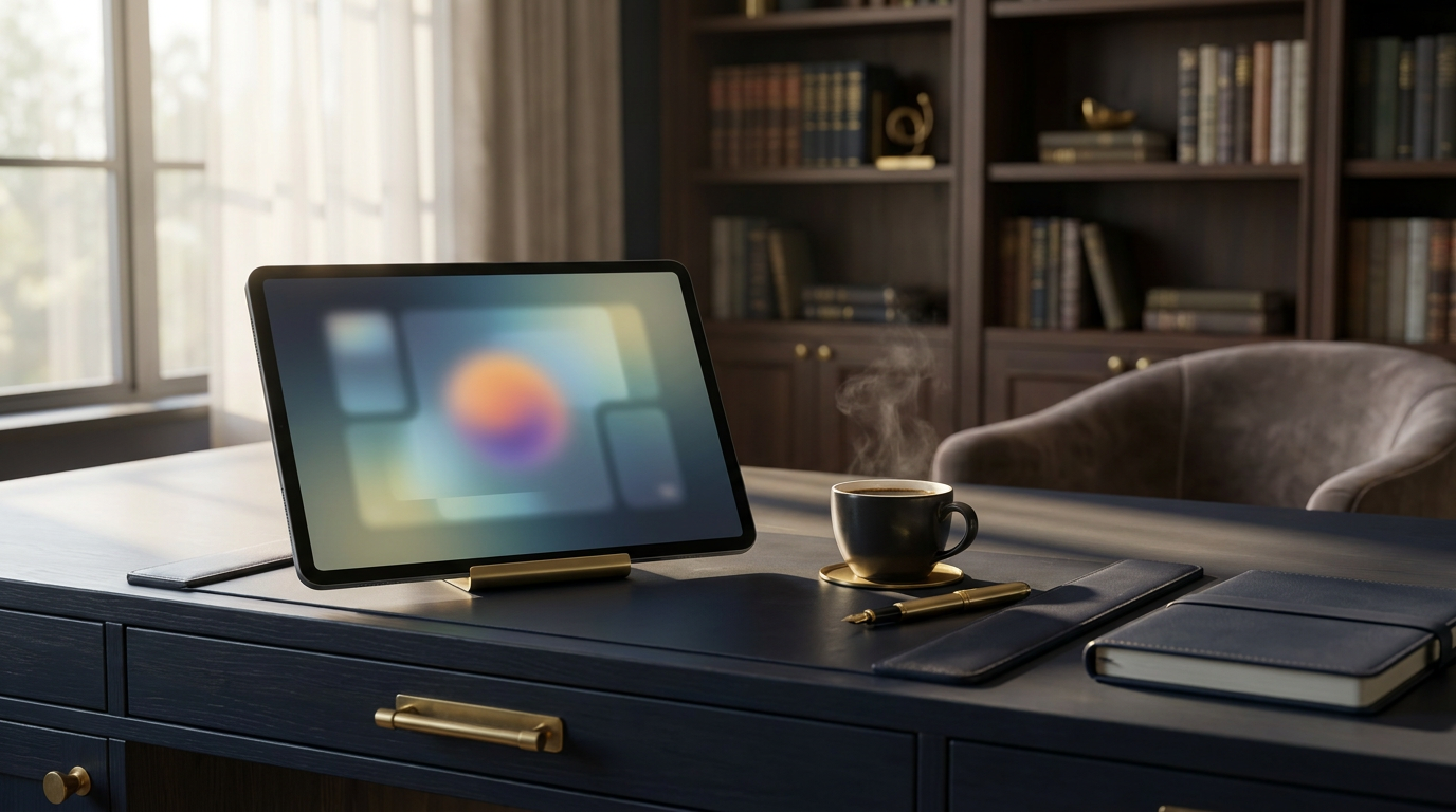 Donker premium bureau in ochtendlicht met een tablet die een opgeruimd dagoverzicht toont, met gouden accenten