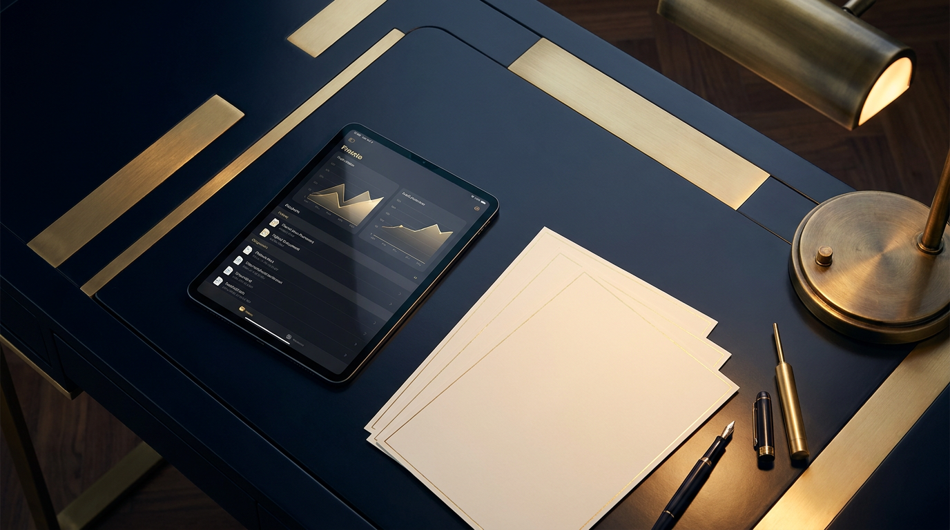 Donker premium bureau met een tablet die een geordende stapel facturen toont, met gouden accenten