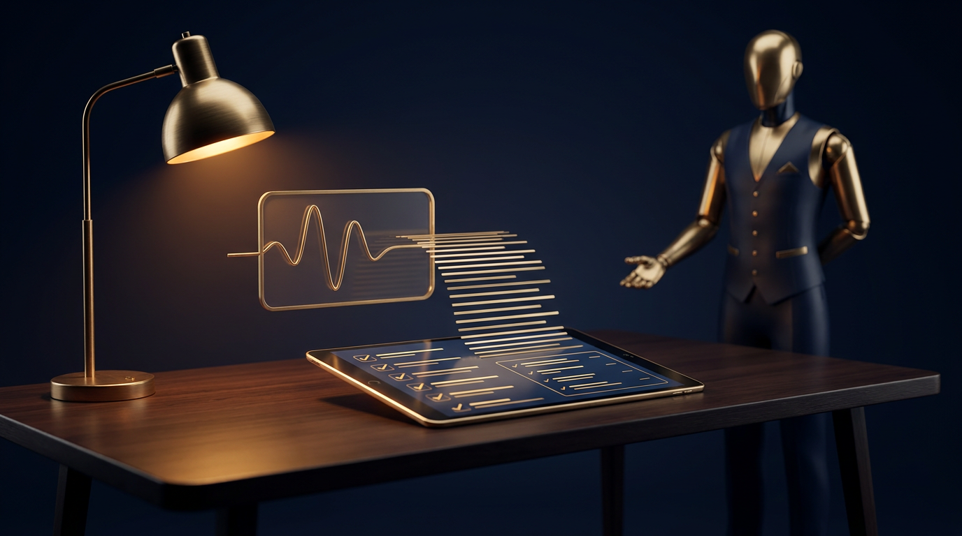 AI-butler notuleert automatisch een vergadering op een donker bureau met gouden accenten