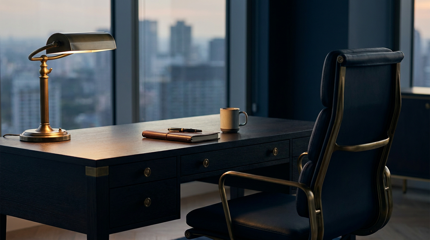 Donker premium kantoor met een lege bureaustoel en een opgeruimd bureau, klaar voor een nieuwe medewerker, met warme gouden accenten