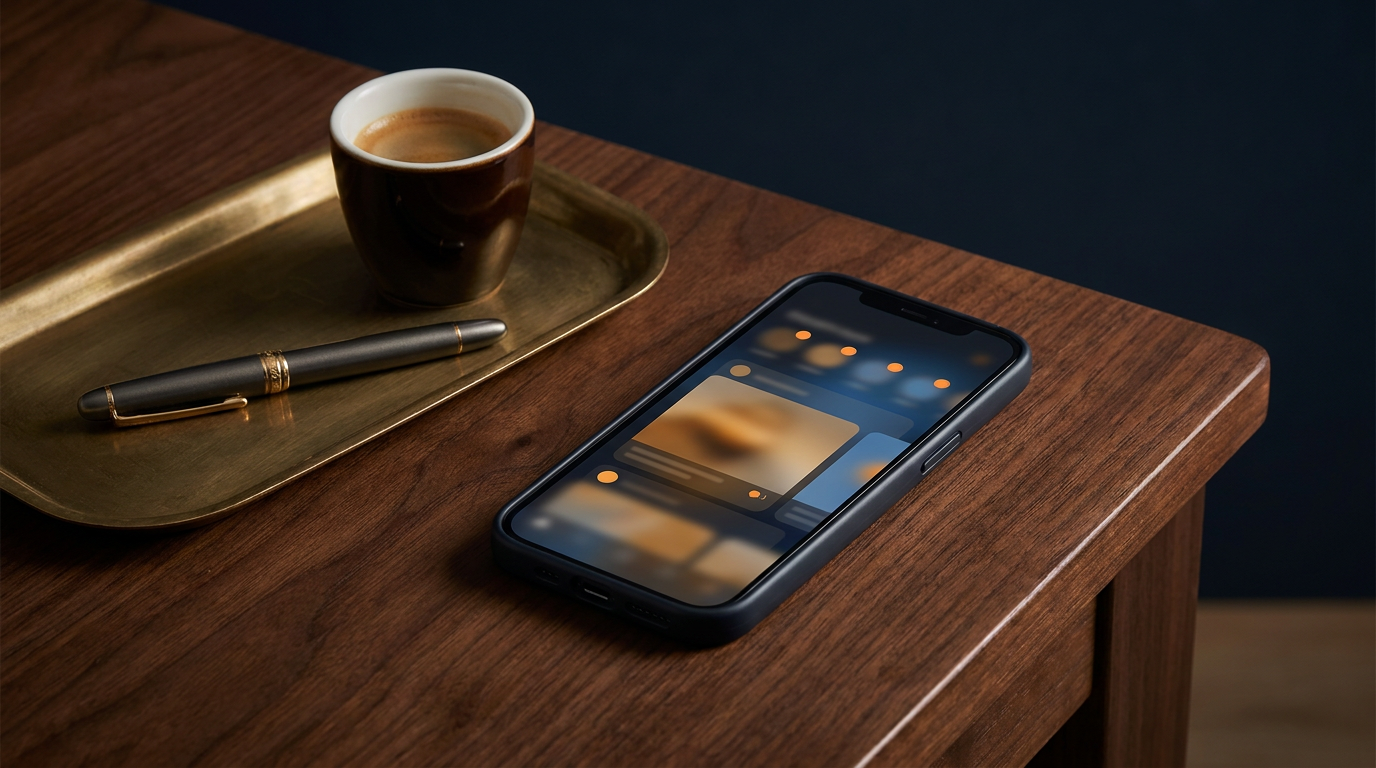 Donker premium bureau met een smartphone die sociale kanalen toont, met warme gouden accenten