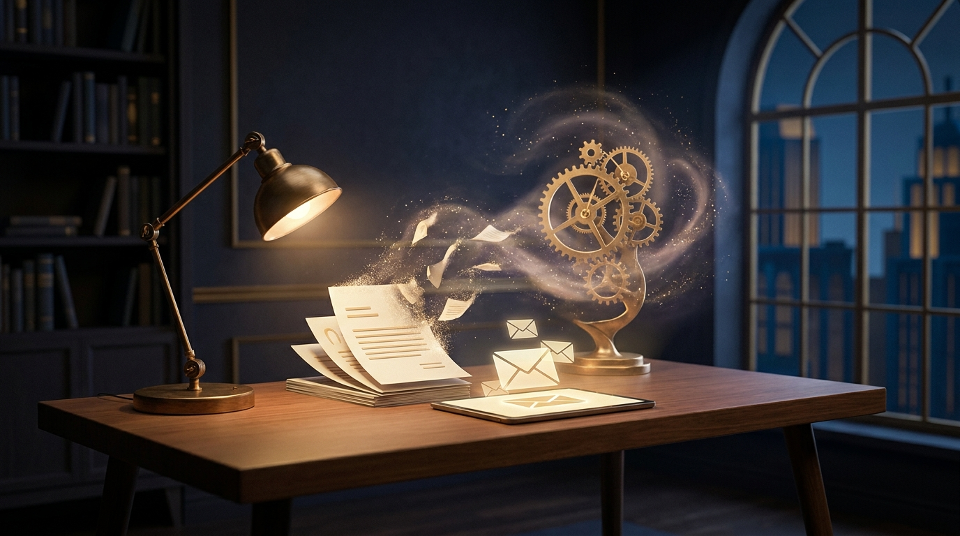 Overzicht van dagelijkse taken die een ondernemer met AI kan automatiseren, op een donker bureau met gouden accenten