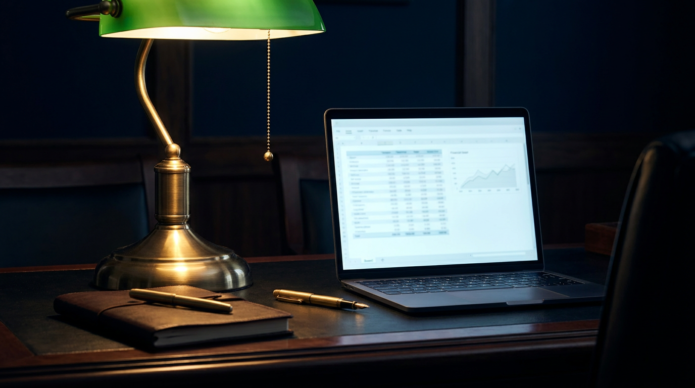 Donker premium kantoor met een laptop vol financiele overzichten en gouden accenten