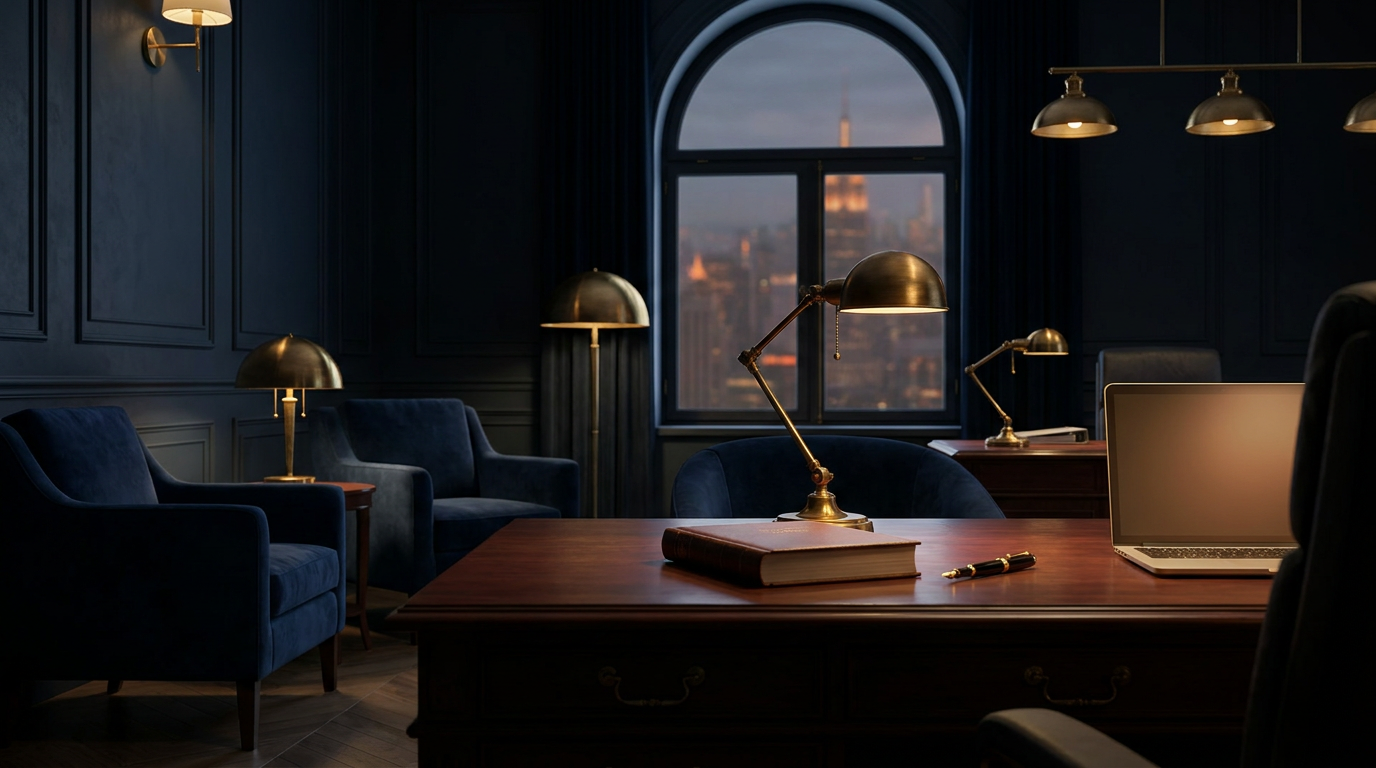 Donker premium advocatenkantoor met wetboeken, een laptop en gouden accenten
