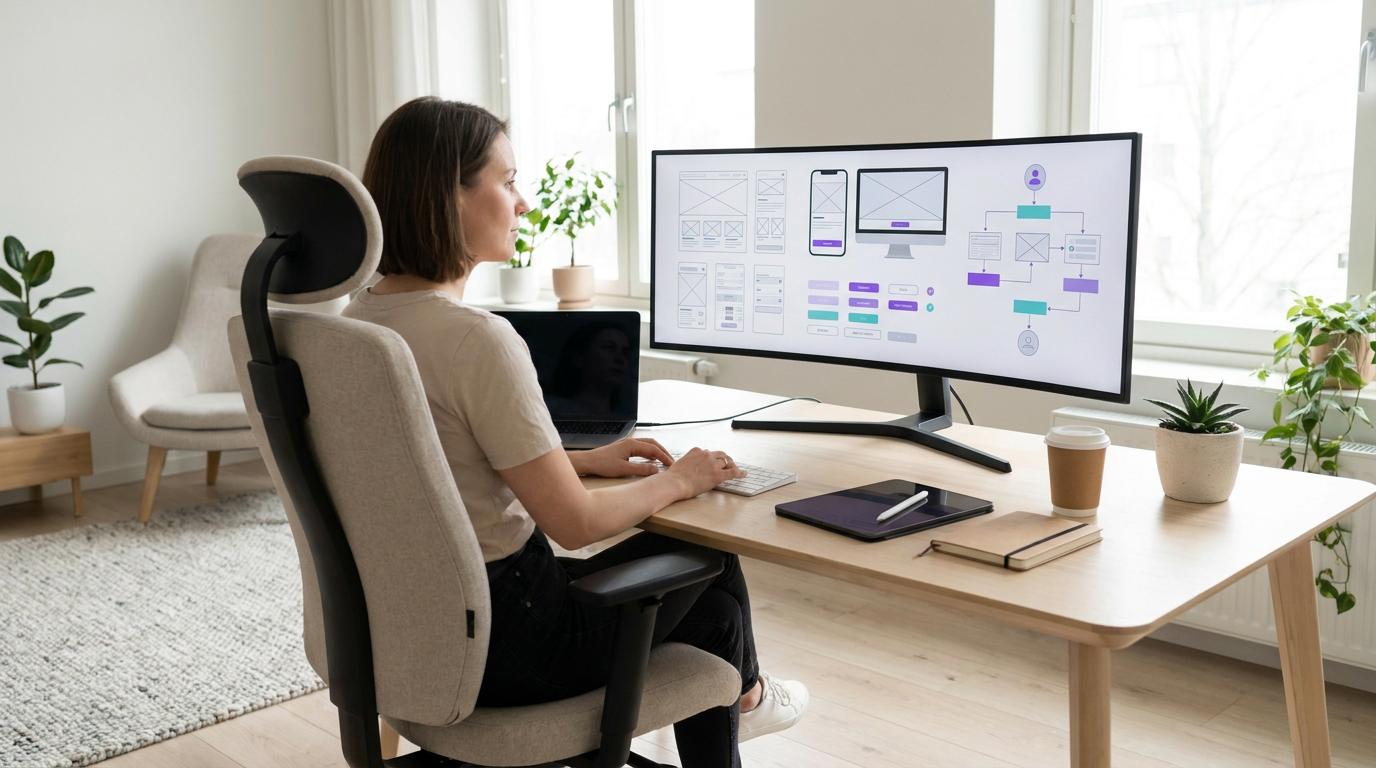 Donker premium bureau met een plattegrond, een sleutelbos en een laptop, met warme gouden accenten