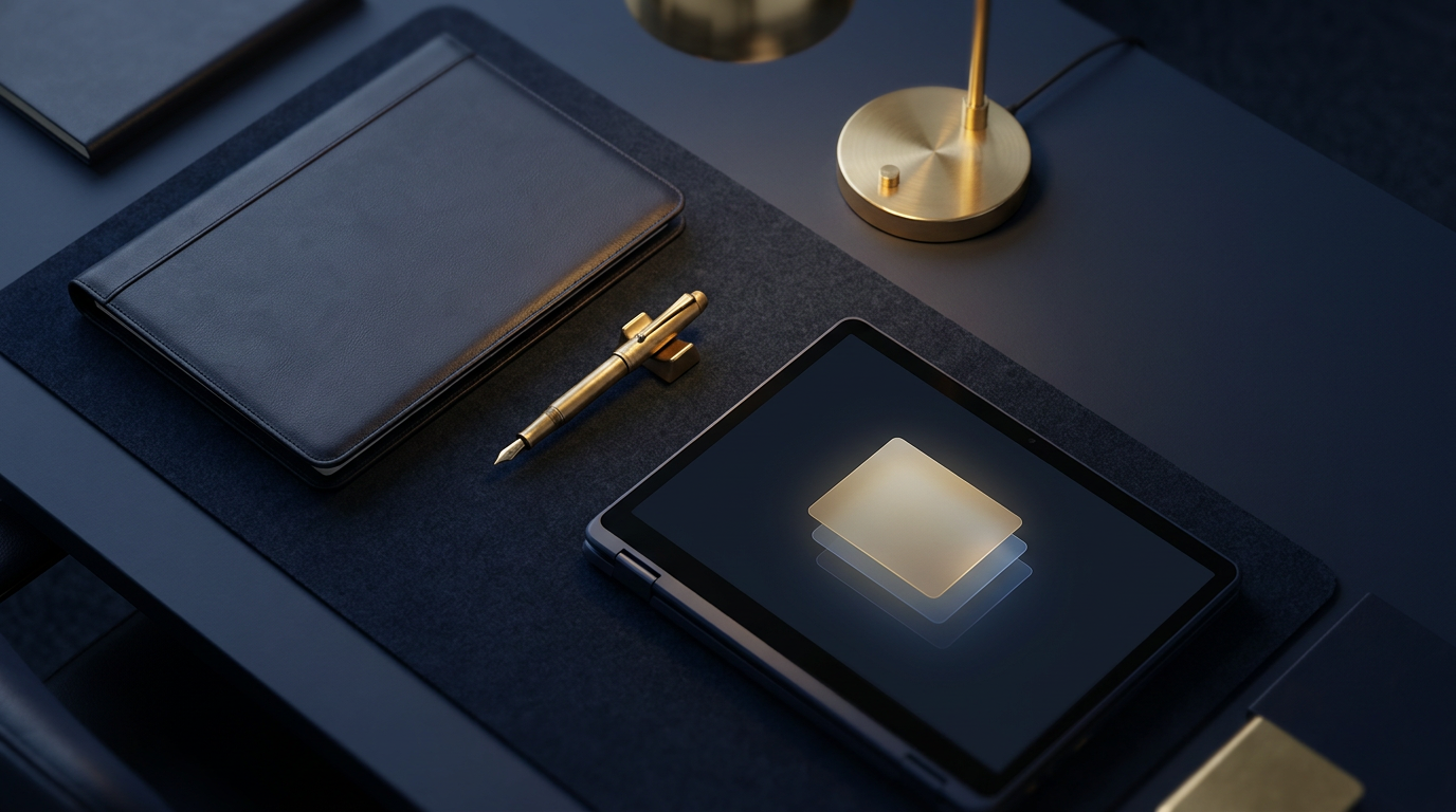 Donker premium bureau met een tablet die geordende sollicitatieprofielen toont, met warme gouden accenten