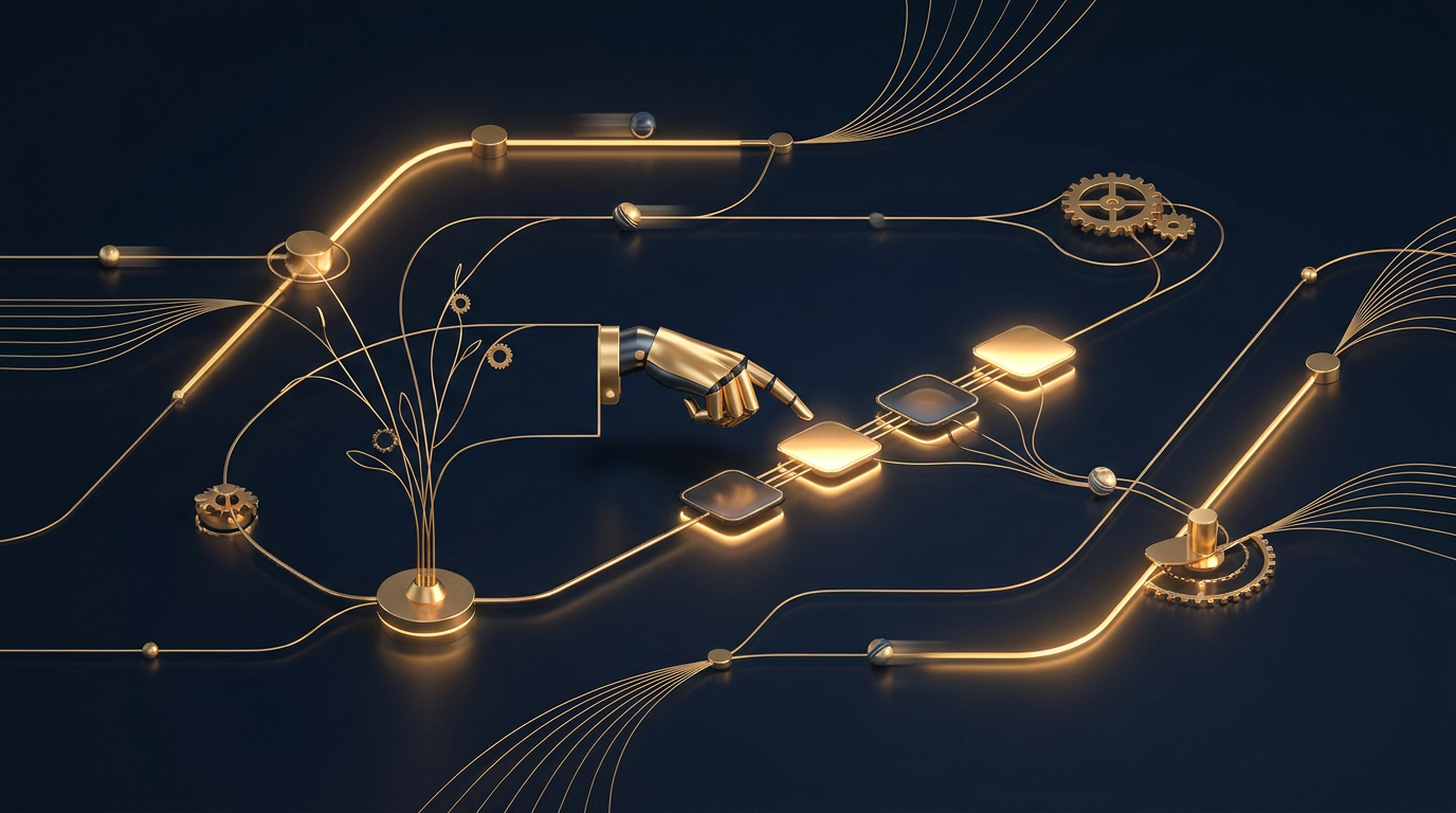 Schematische weergave van een AI-workflow die taken automatisch van begin tot eind afhandelt