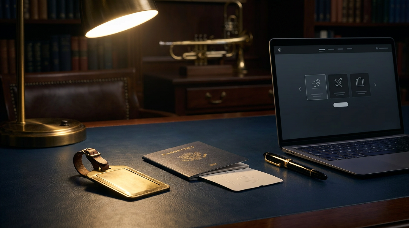 Donker premium bureau met paspoort, boarding pass en laptop met reisschema, met gouden accenten